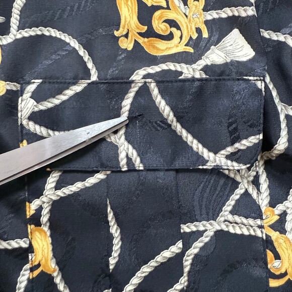 Vintage Pierre Cardin Black Gold Printed Button Up Blouse Cropped Long Sleeve, 6 - Picture 11 of 11